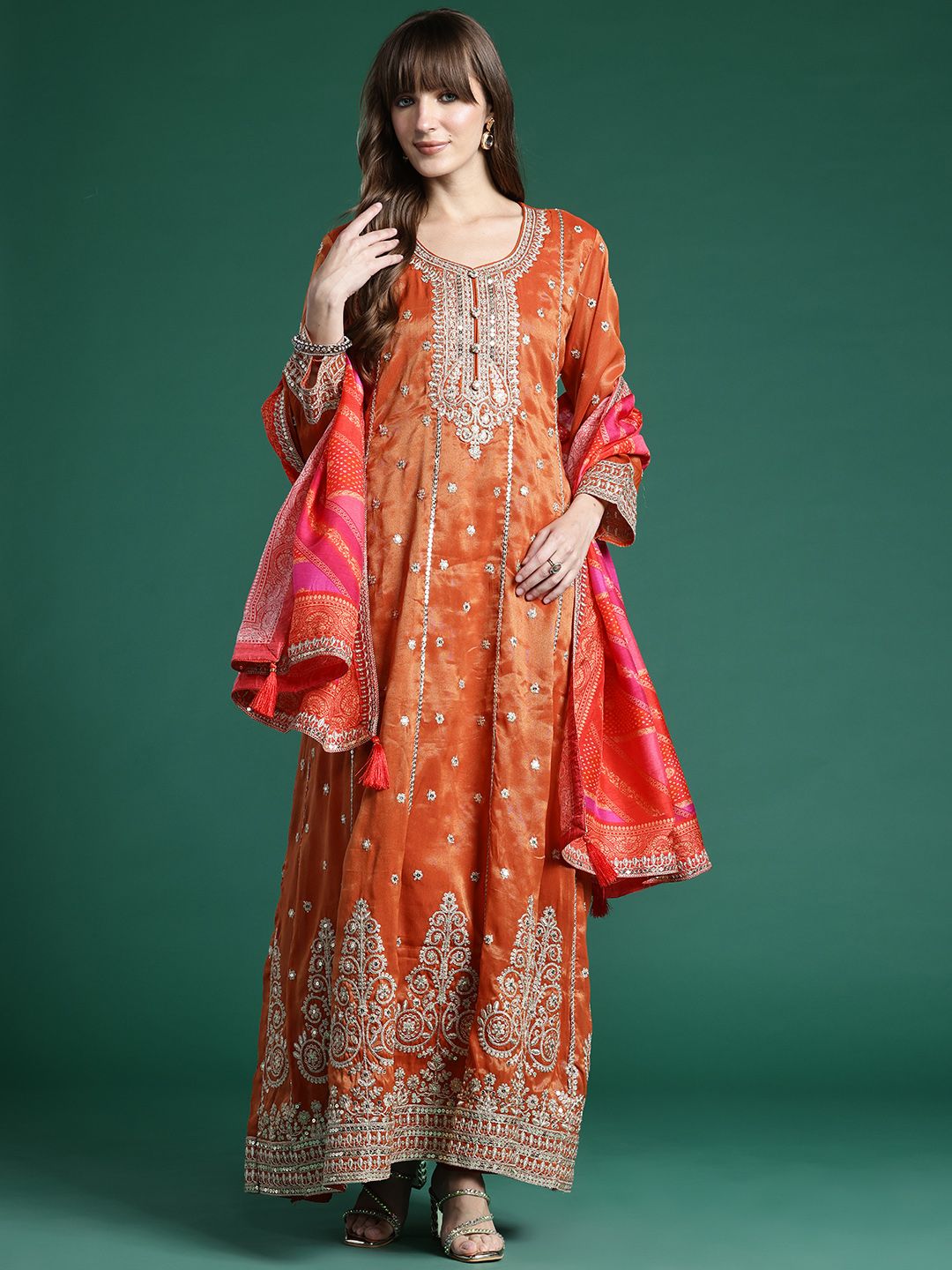 Ethnic Motifs Embroidered Sequinned Kurta with Trousers & With Dupatta