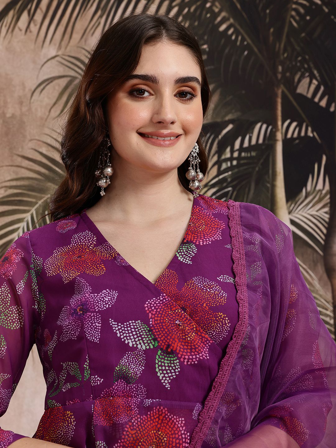 Dhiyona SN Women's Floral Print Angrakha Kurta with Trousers & Dupatta