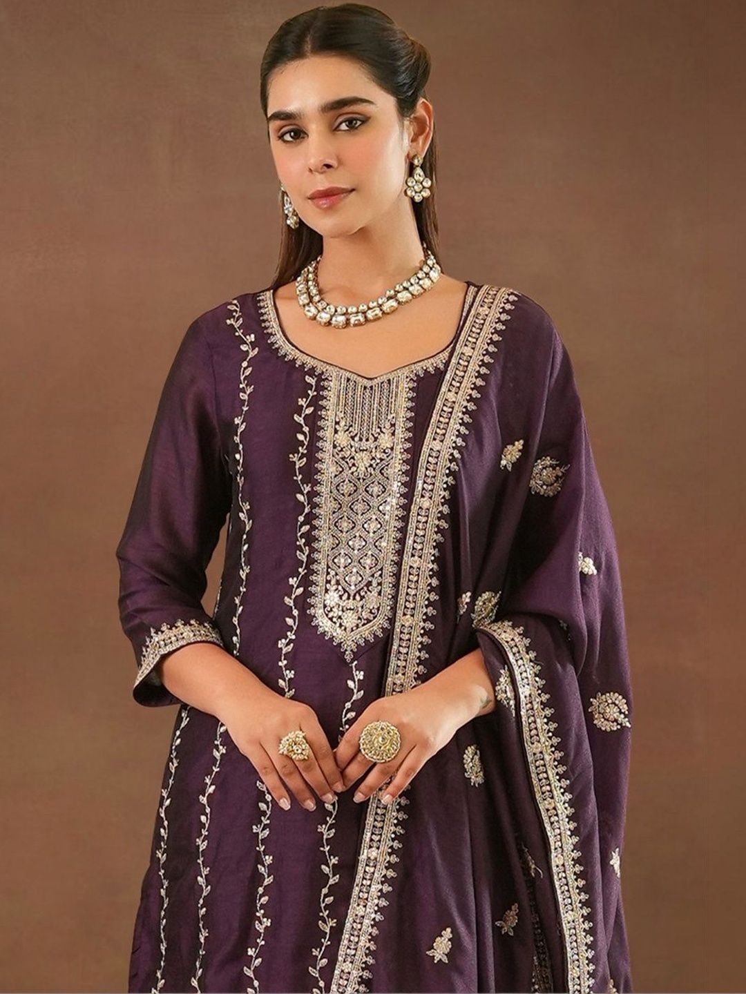 Dhiyona IE Women Ethnic Motifs Embroidered Regular Thread Work Kurta with Trousers & With Dupatta