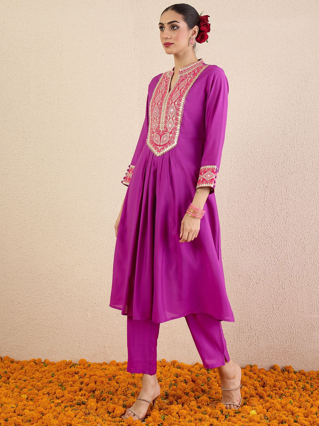 Women Solid Embroidered Kurta with Pyjama