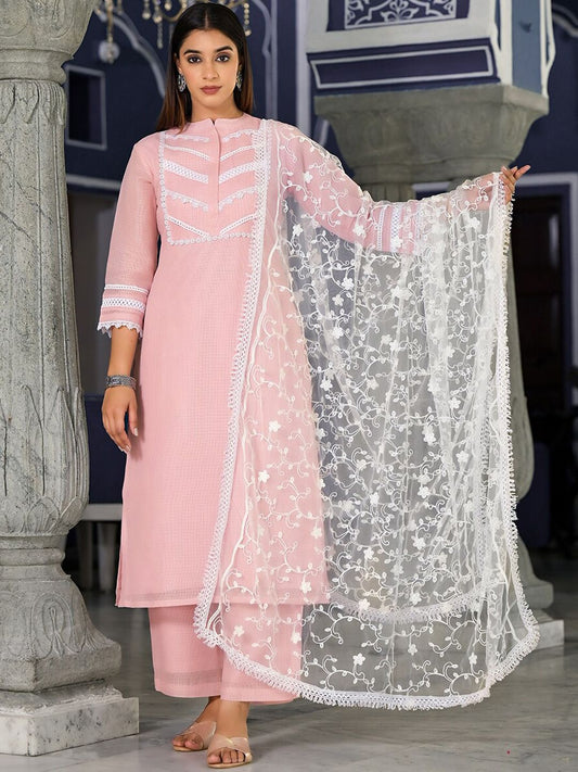 Dhiyona VA Women'sEthnic Motifs Yoke Design Regular Thread Work Kurta with Trousers & Dupatta