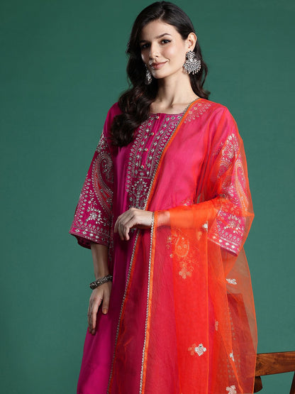 Ethnic Motifs Zari Embroidered Kurta With Trousers & Dupatta