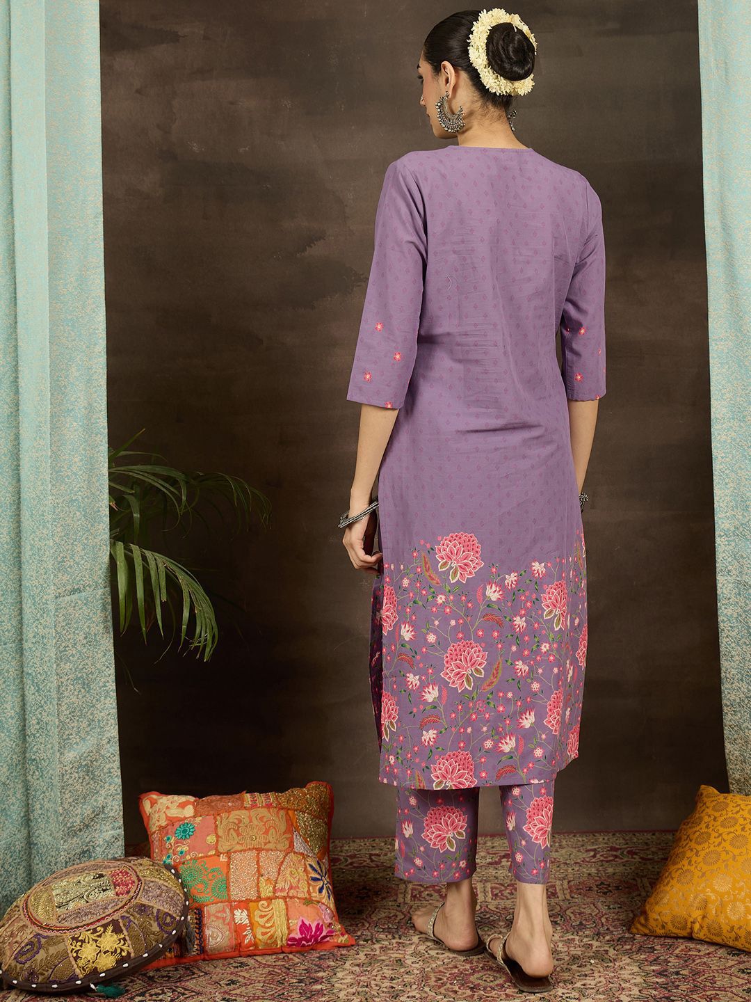 Floral Printed Notch Neck Pure Cotton Straight Kurta With Trousers