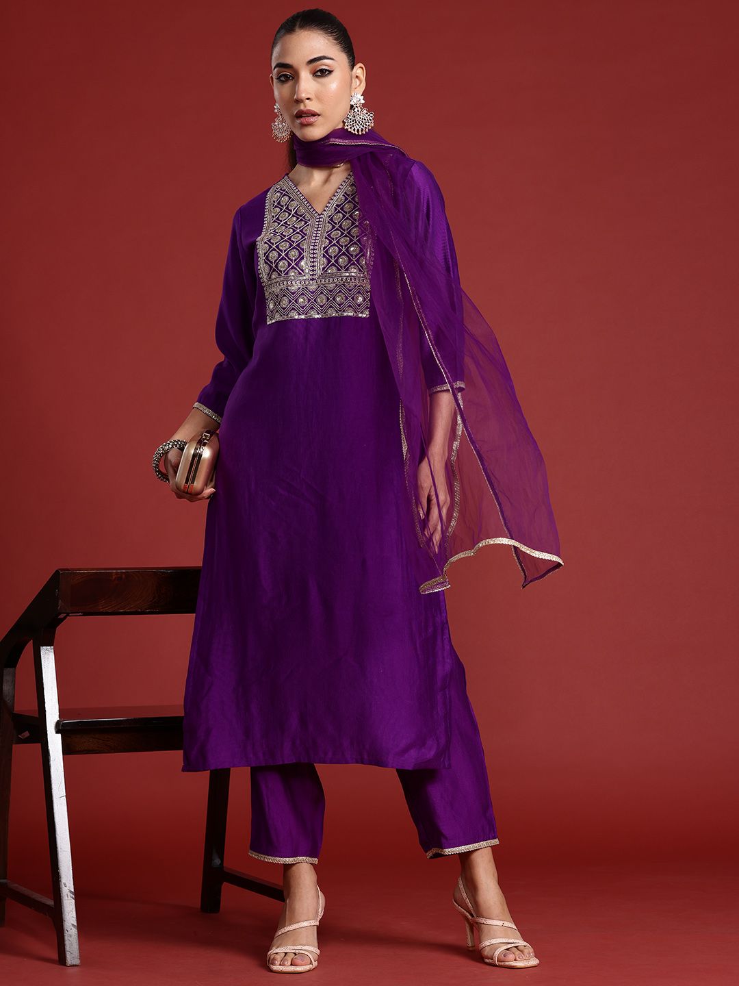 Ethnic Motifs Yoke Design Sequinned Liva Kurta With Trousers & Dupatta