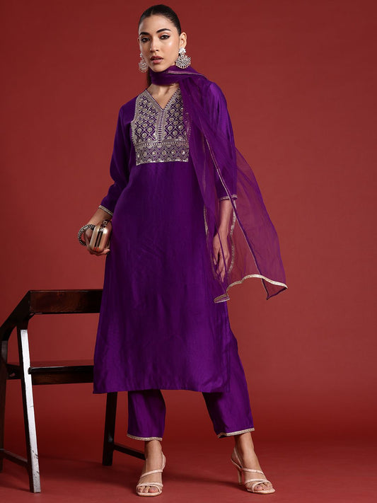 Ethnic Motifs Yoke Design Sequinned Liva Kurta With Trousers & Dupatta