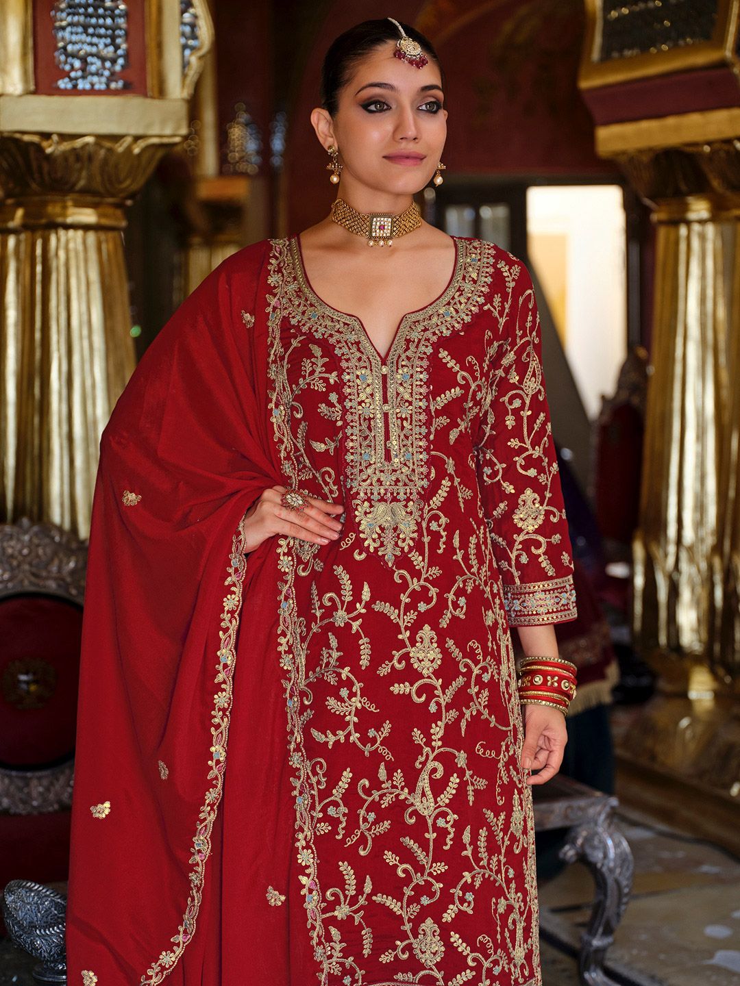 Dhiyona IE Ethnic Motifs Embroidered Sequinned Kurta with Palazzos & Dupatta