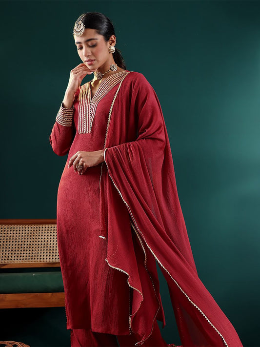Dhiyona VA Women'sMaroon V-Neck Regular Gotta Patti Silk Crepe Kurta With Trouser With Dupatta