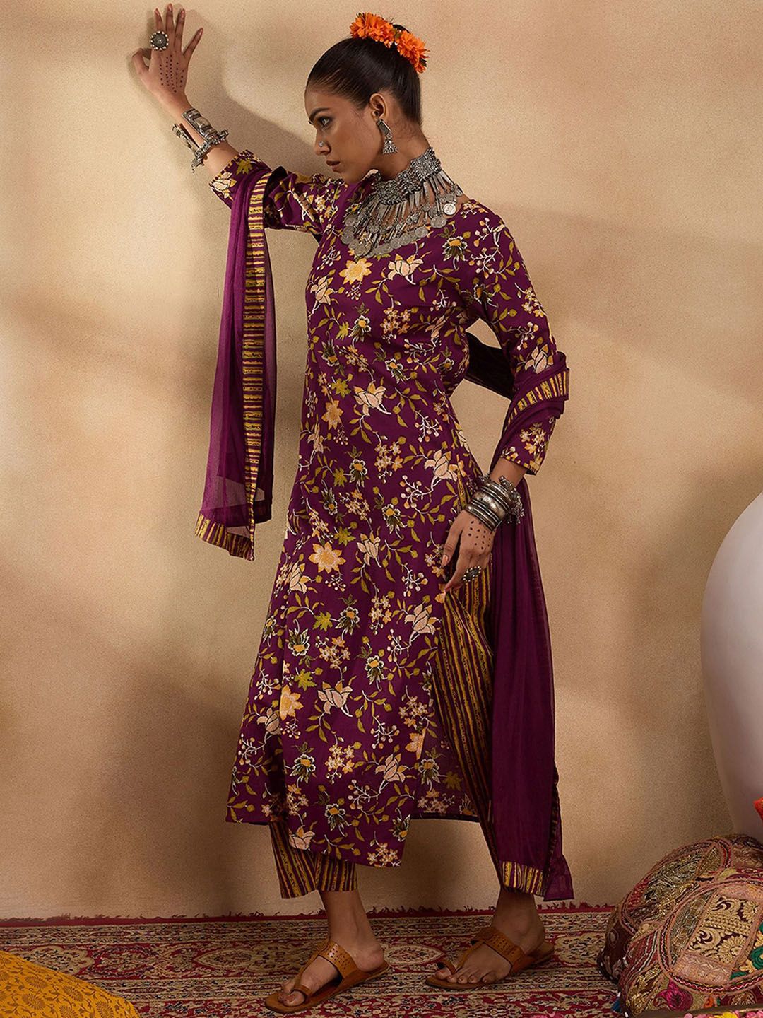 Dhiyona IE Floral Printed Straight Pure Cotton Kurta with Trousers & Dupatta