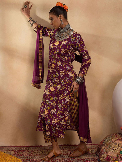 Dhiyona IE Floral Printed Straight Pure Cotton Kurta with Trousers & Dupatta