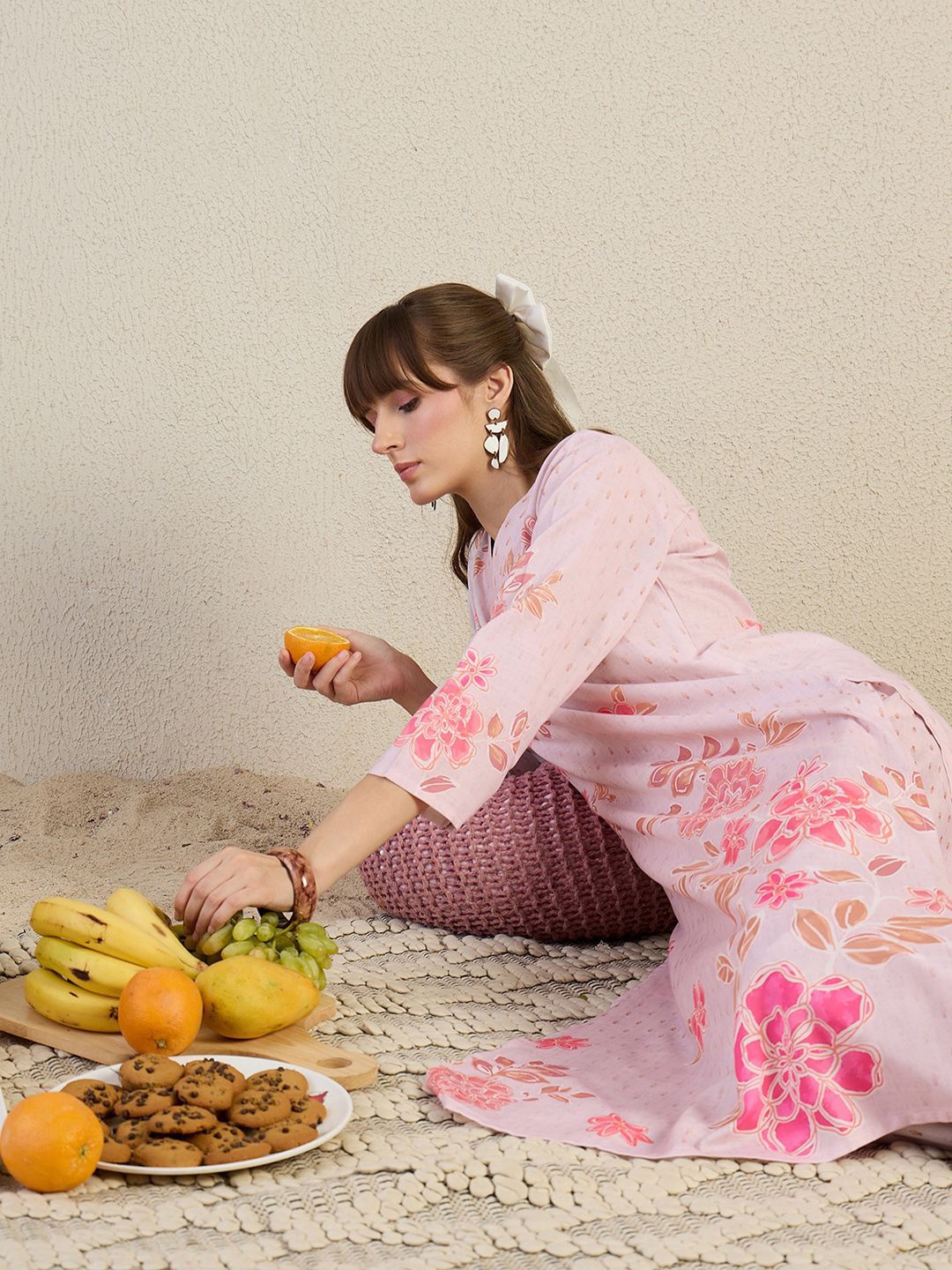 Dhiyona IE Printed V-Neck Top With Trousers Co-Ords