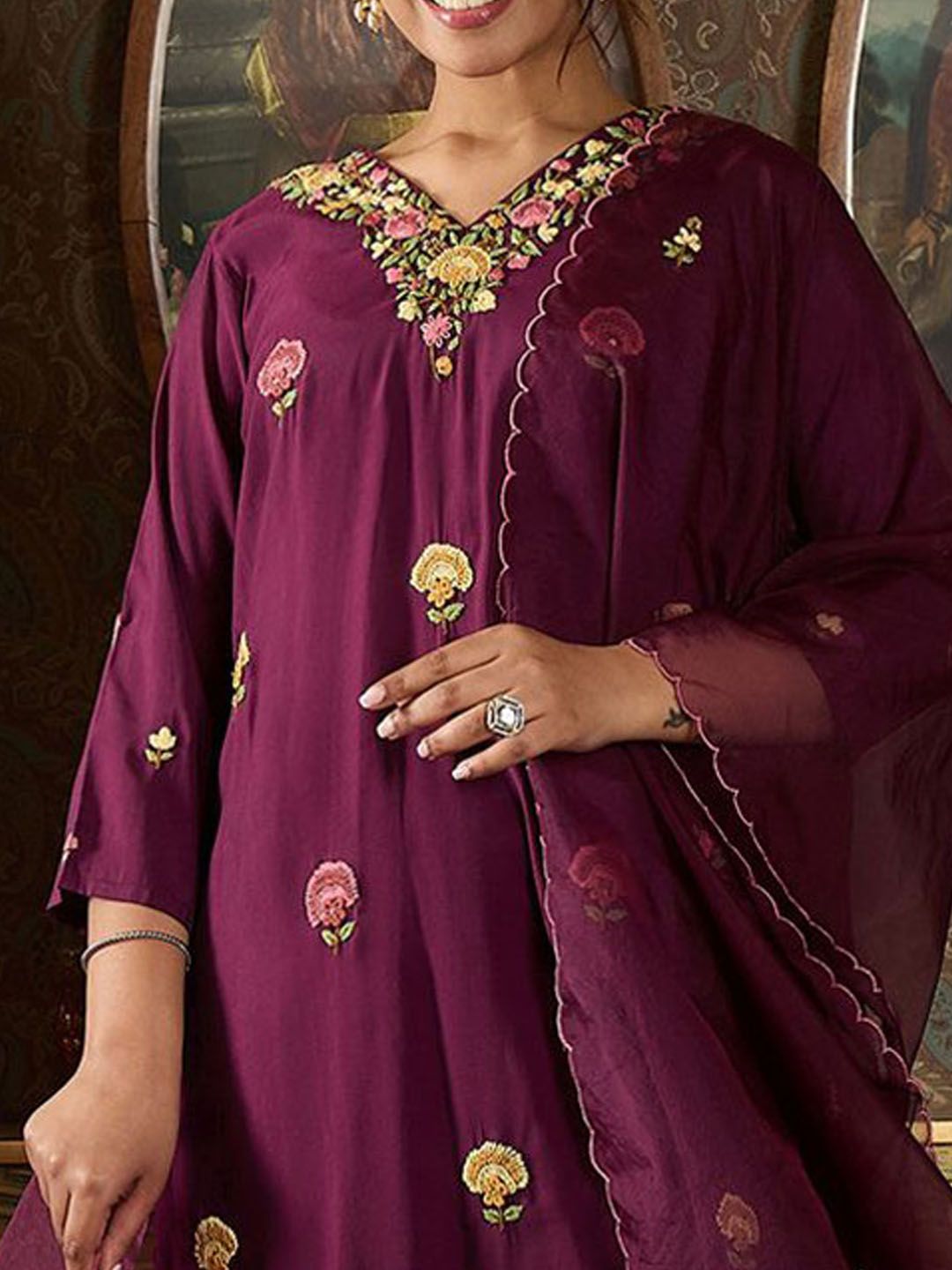 Floral Embroidered Thread Work Kurta With Trousers And Dupatta