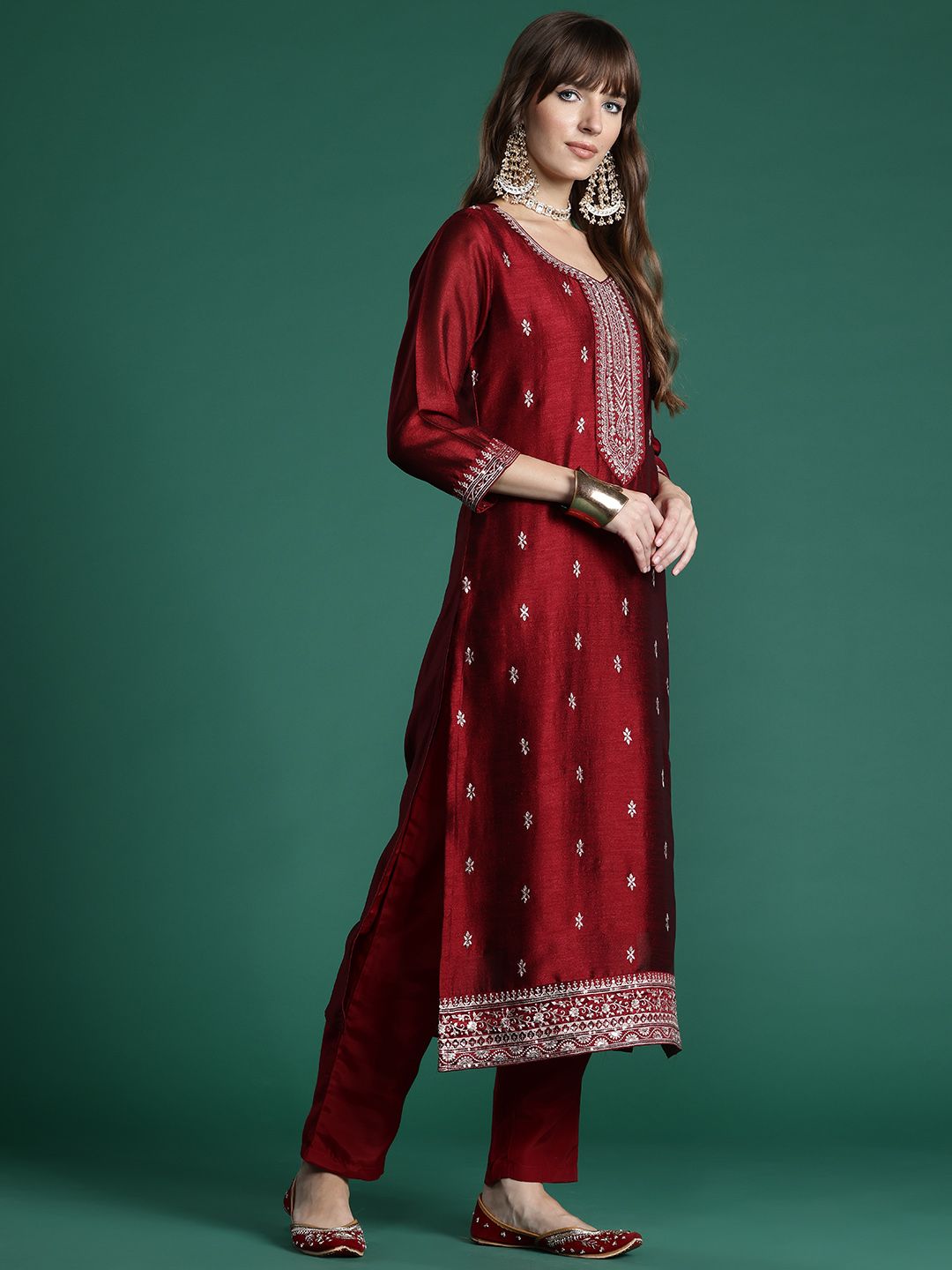 Floral Embroidered Sequinned Kurta with Trousers & With Dupatta