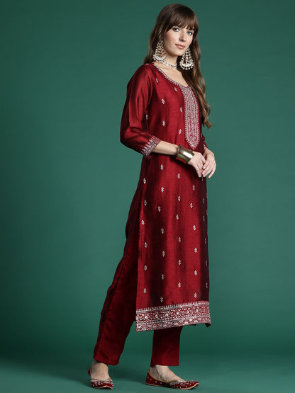 Floral Embroidered Sequinned Kurta with Trousers & With Dupatta
