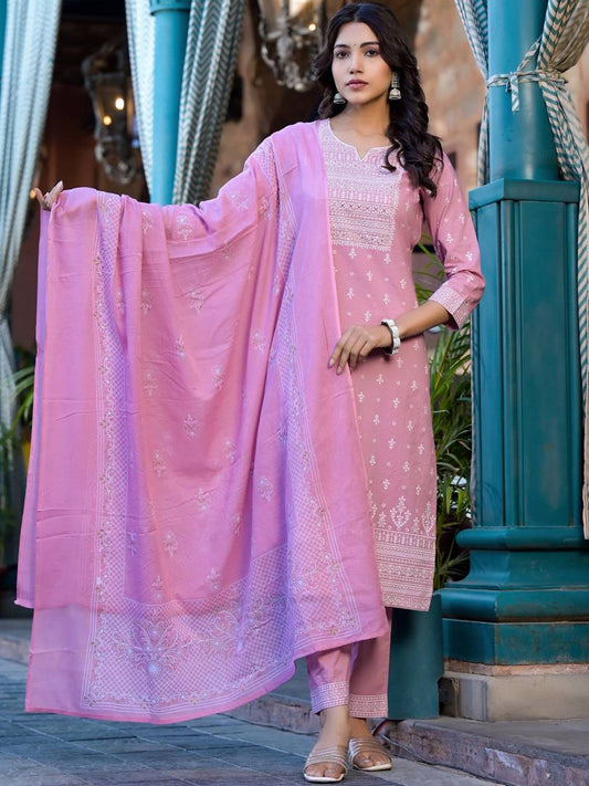 Dhiyona VA Women'sEthnic Motifs Printed Mirror Work Pure Cotton Kurta With Trouser & Dupatta