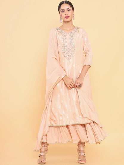 Dhiyona SO Women's Women Peach-Coloured Ethnic Motifs Yoke Design Layered Kurta with Churidar