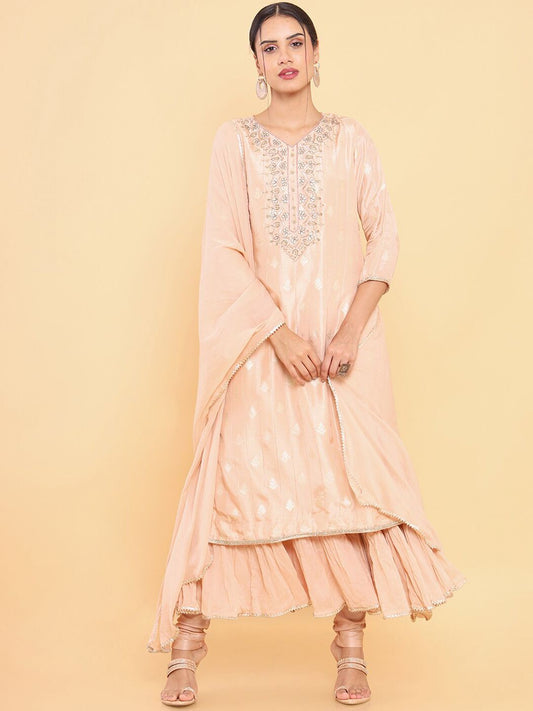 Dhiyona SO Women's Women Peach-Coloured Ethnic Motifs Yoke Design Layered Kurta with Churidar