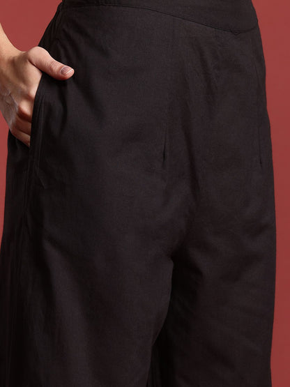 Printed Panelled Sequinned Pure Cotton A-Line Kurta with Trousers