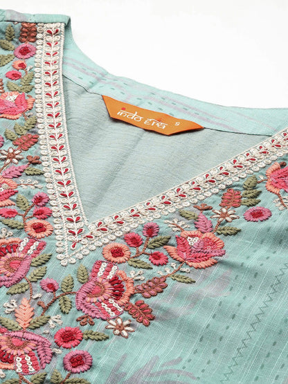 Dhiyona IE Floral Embroidered Thread Work Linen Kurta with Trousers & With Dupatta
