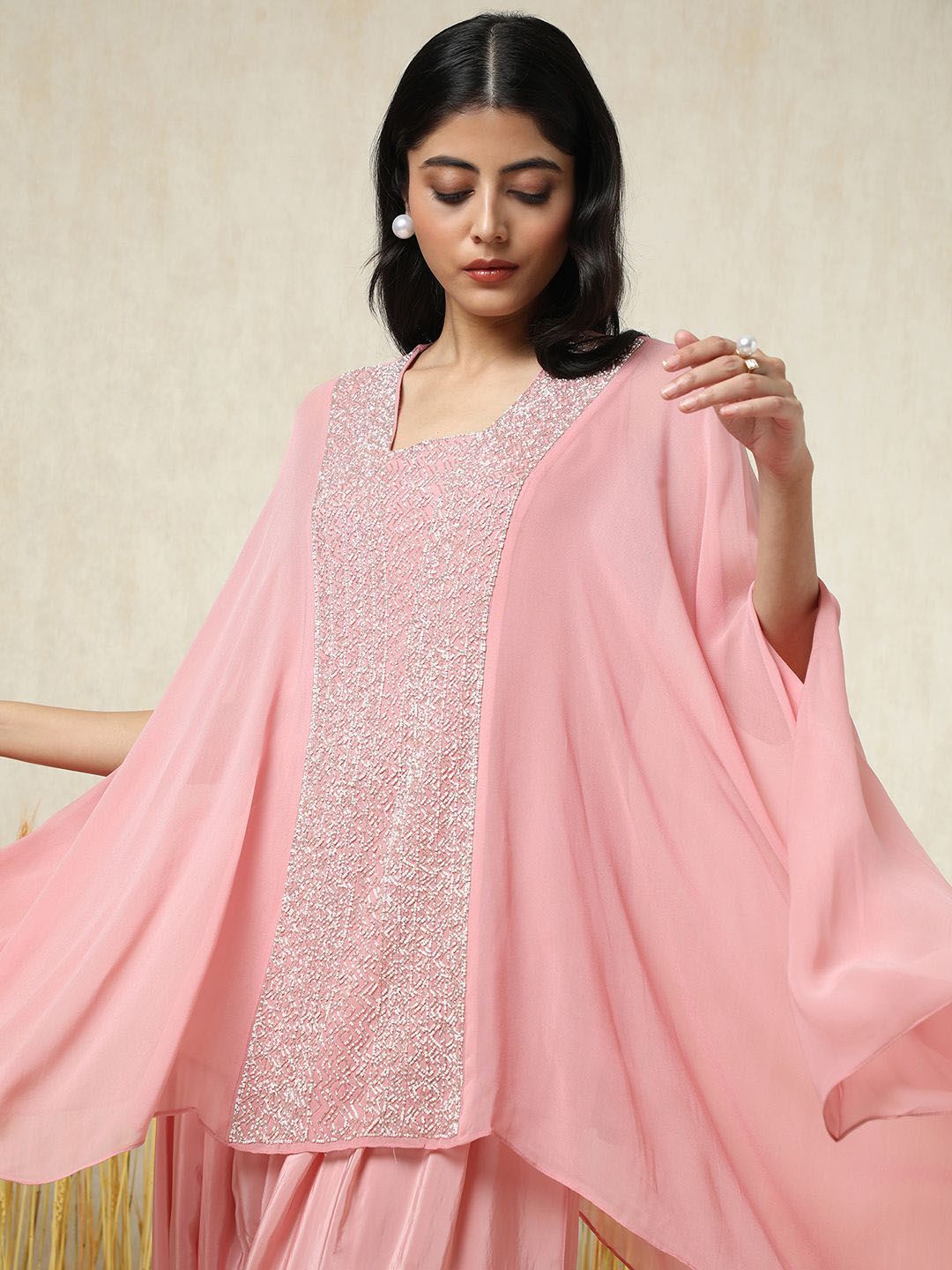 Dhiyona SO Women's Chevron Embroidered Square Neck Georgette Layered A-Line Kurti With Dhoti Pants