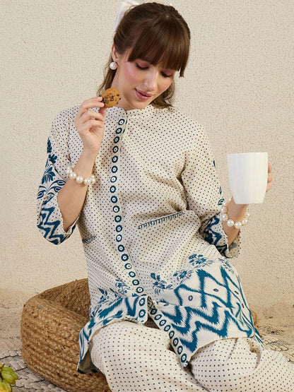 Ethnic Motifs Printed Thread Work Mandarin Collar A-Line Kurta With Trousers