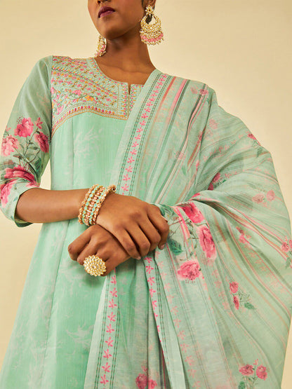 Dhiyona SO Women's Floral Printed Regular Thread Work Chanderi Silk Kurta with Trousers & Dupatta