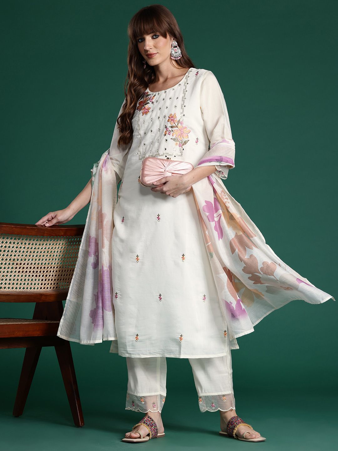Floral Embroidered Mirror Work Chanderi Silk Kurta With Trousers & Dupatta