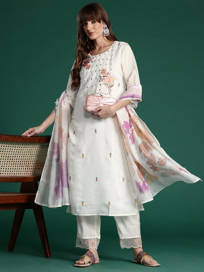 Floral Embroidered Mirror Work Chanderi Silk Kurta With Trousers & Dupatta