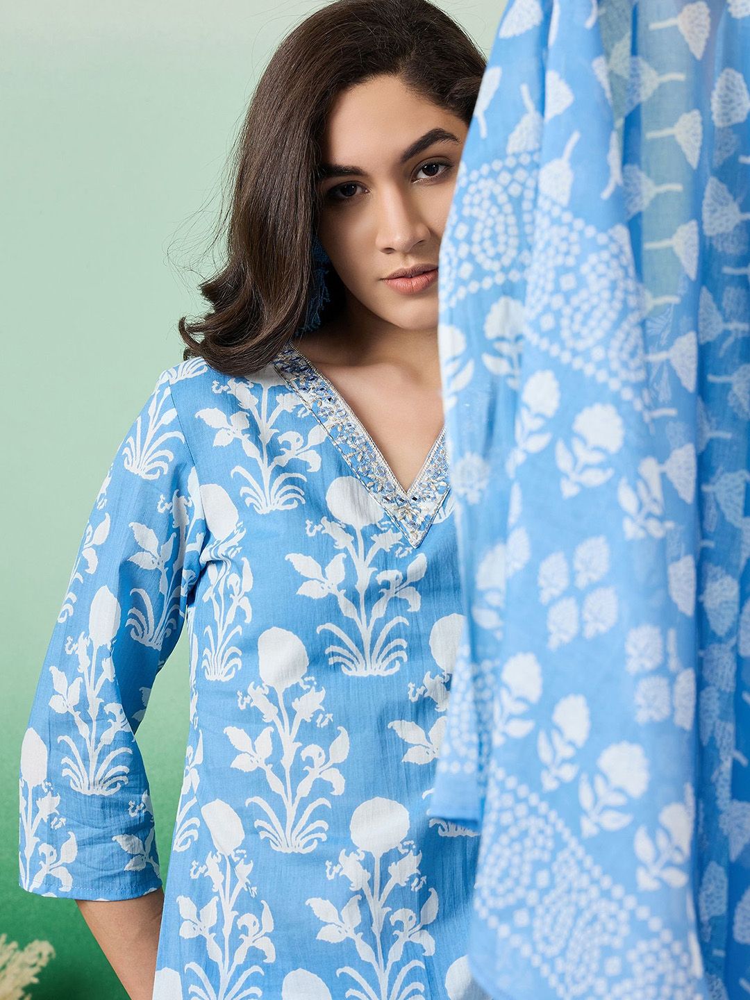 Dhiyona SN Women's Printed & Embroidered Pure Cotton Straight Kurta With Trouser & Dupatta Set