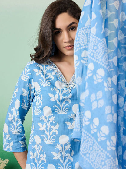 Dhiyona SN Women's Printed & Embroidered Pure Cotton Straight Kurta With Trouser & Dupatta Set