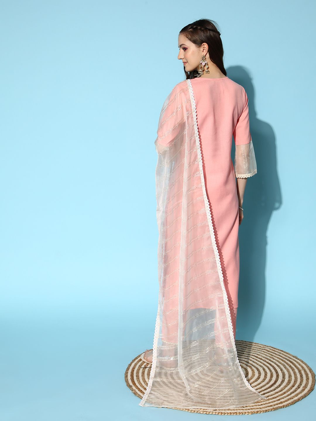 Women Peach-Coloured Ethnic Motifs Embroidered Sequinned Kurta Set