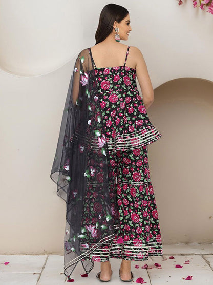 Dhiyona IS Women's Floral Printed Gotta Patti Pure Cotton Kurti with Sharara & Dupatta
