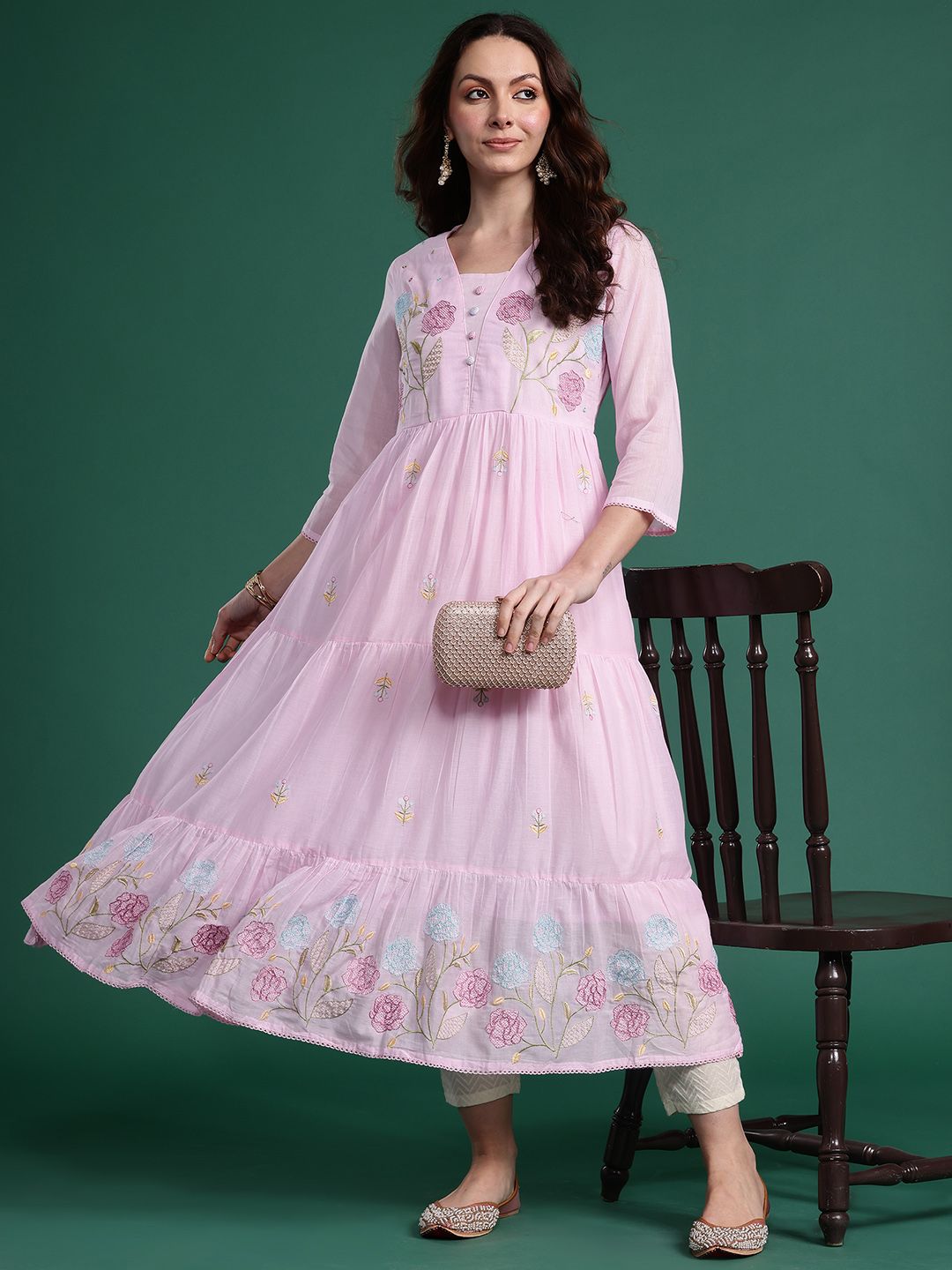 Dhiyona IE Women Floral Embroidered Thread Work Pure Cotton Anarkali Kurta
