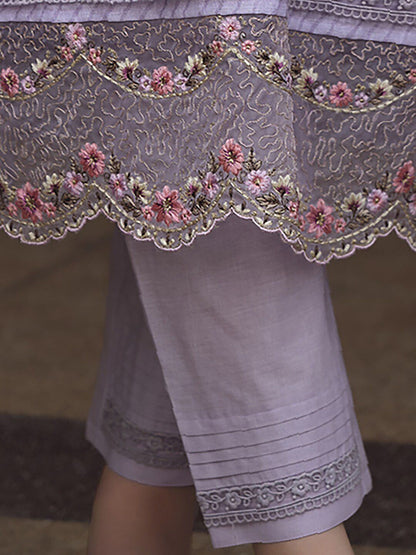 Dhiyona IE Lavender & Pink Floral Embroidered Thread Work Linen Kurta Set