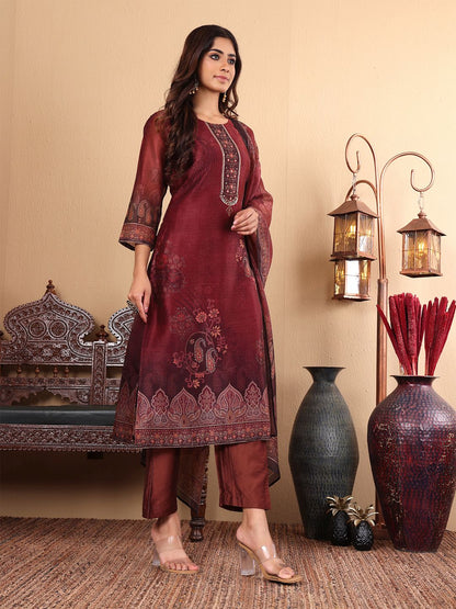 Dhiyona VA Women'sFloral Printed Sequinned Chanderi Silk Straight Kurta with Trousers & Dupatta