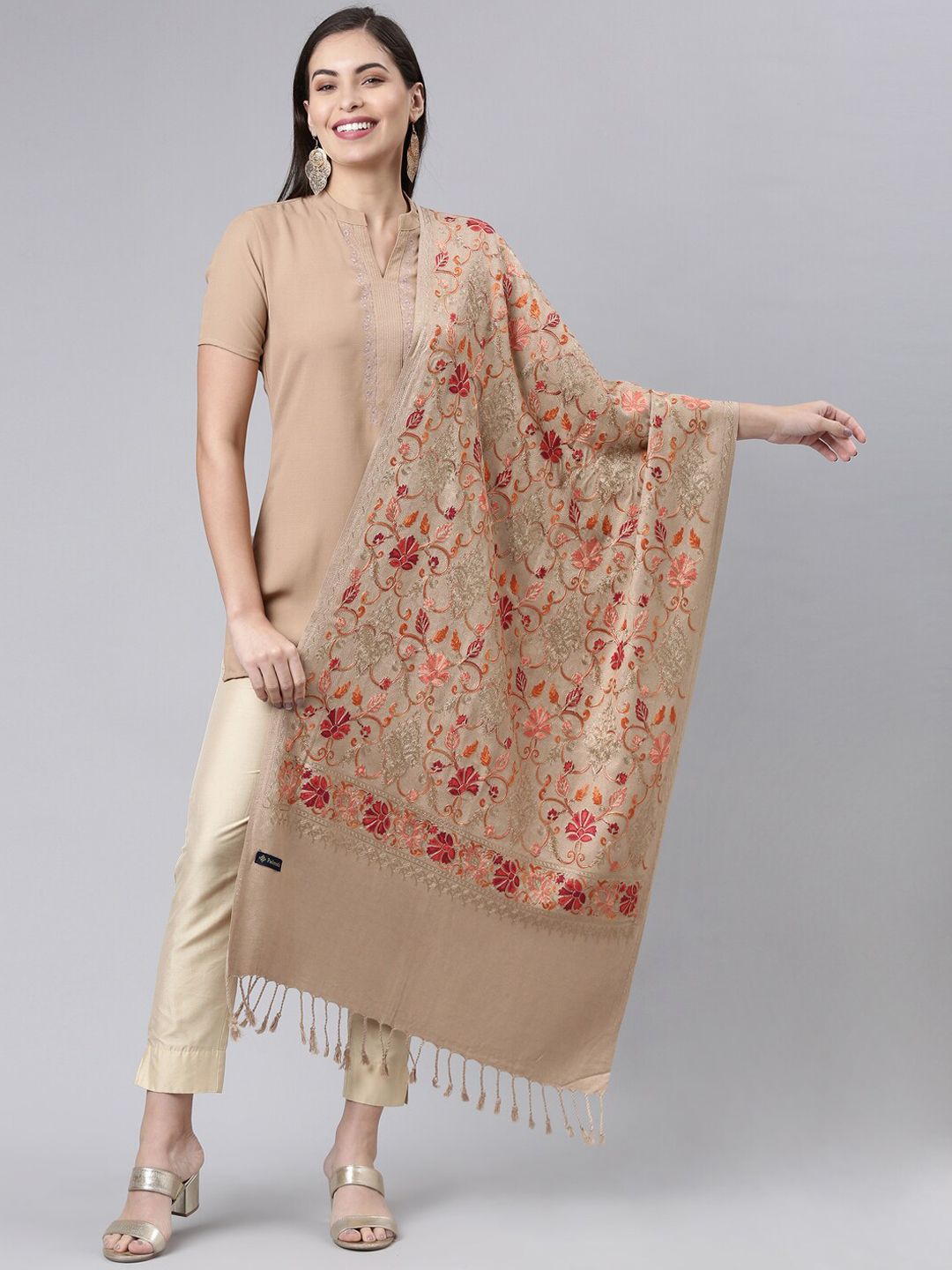 Dhiyona PA Women Beige & Red Aari Embroidered Shawl