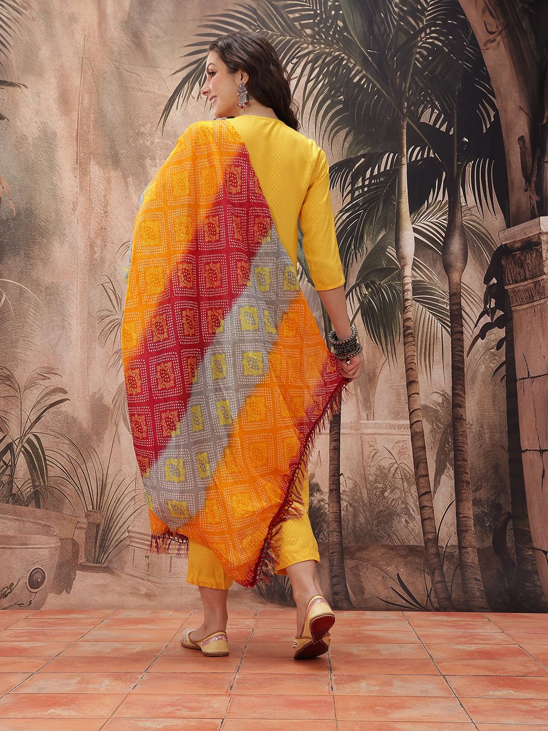 Dhiyona SN Women's Yoke Design Mirror Work Embroidered Kurta With Trousers & Bandhani Print Dupatta