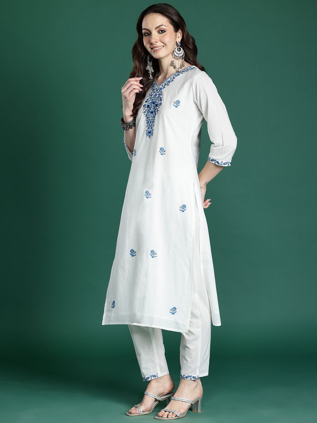 Floral Embroidered Pure Cotton Kurta with Trousers & Dupatta