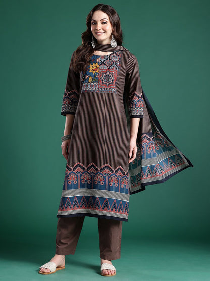Dhiyona IE Ethnic Motifs Striped Sequinned Pure Cotton Kurta With Trousers & Dupatta