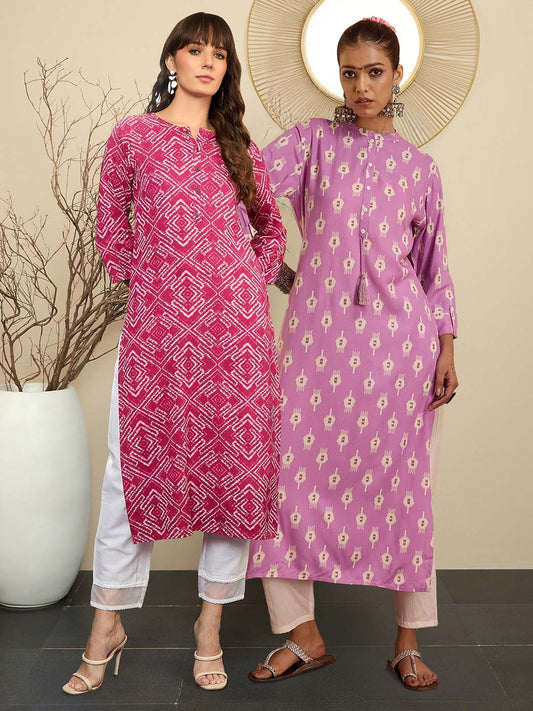 Dhiyona IE Pack of 2 Ethnic Motifs Printed Embroidered Straight Kurta