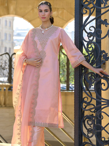 Ethnic Motifs Embroidered Zari Straight Kurta With Trousers & Dupatta