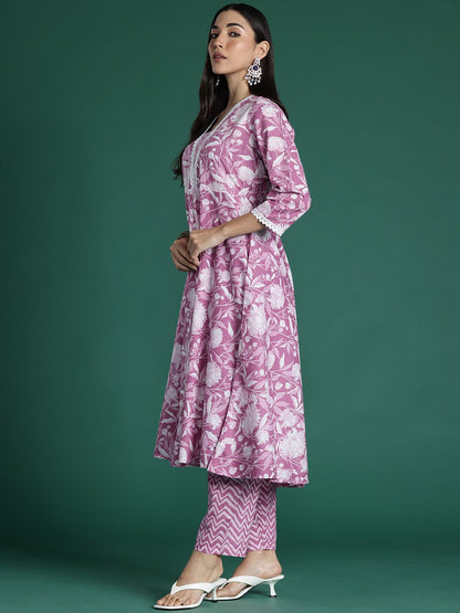 Dhiyona IE Women Floral Printed Regular Pure Cotton Kurta with Trousers & With Dupatta