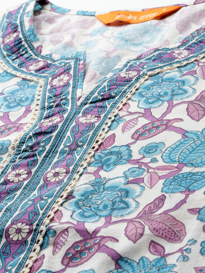 Dhiyona IE Floral Printed Regular Pure Cotton Kurta with Trousers & Dupatta