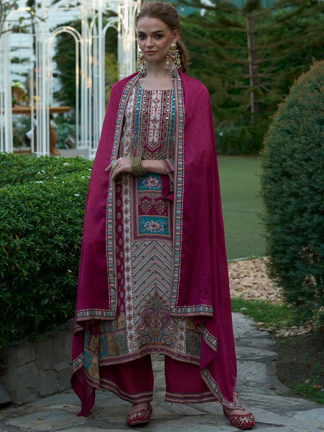 Floral Printed Mirror Work Liva A-Line Kurta with Palazzos & Dupatta