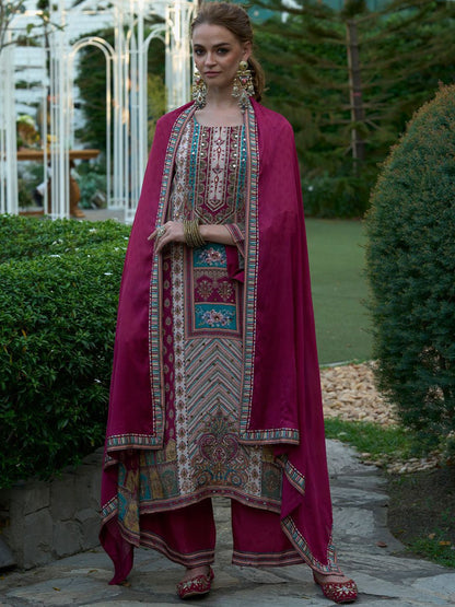 Floral Printed Mirror Work Liva A-Line Kurta with Palazzos & Dupatta