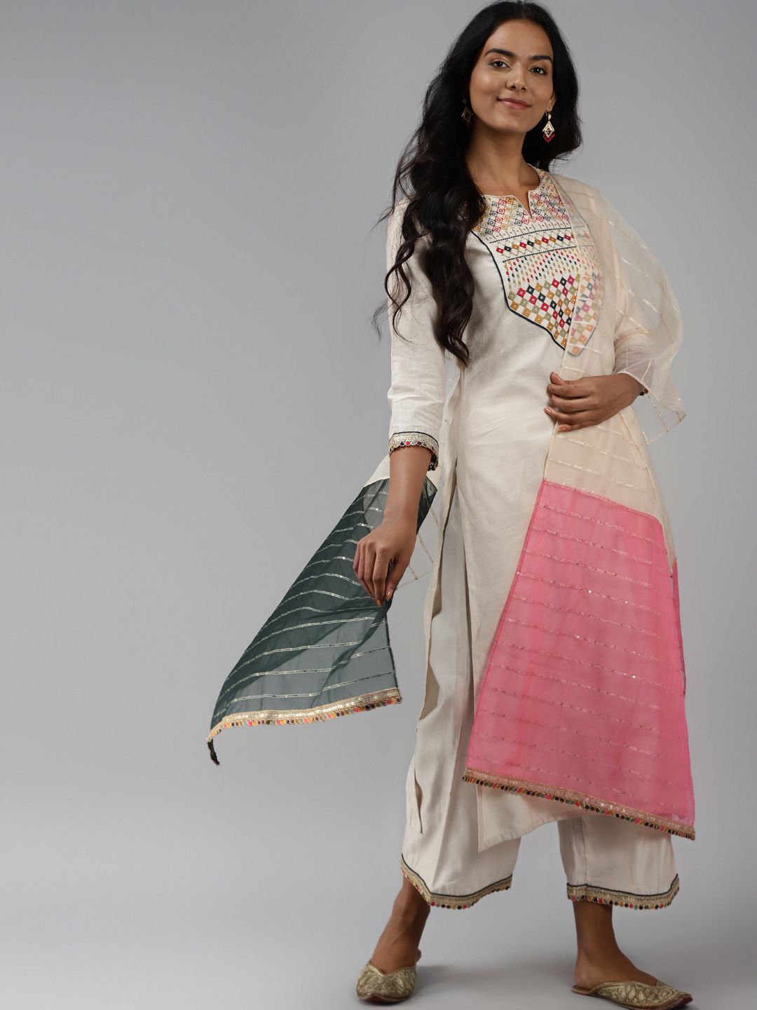 Women Off White Ethnic Motifs Yoke Design Regular Liva Kurta with Palazzos & With Dupatta