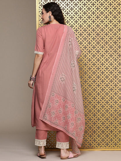 Dhiyona PD Women Women Floral Yoke Design Pleated Thread Work Kurta with Trousers & With Dupatta