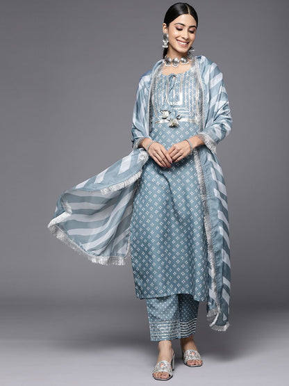 Dhiyona VA Women's Grey Bandhani Yoke Design Sequinned Kurta with Trousers & Dupatta