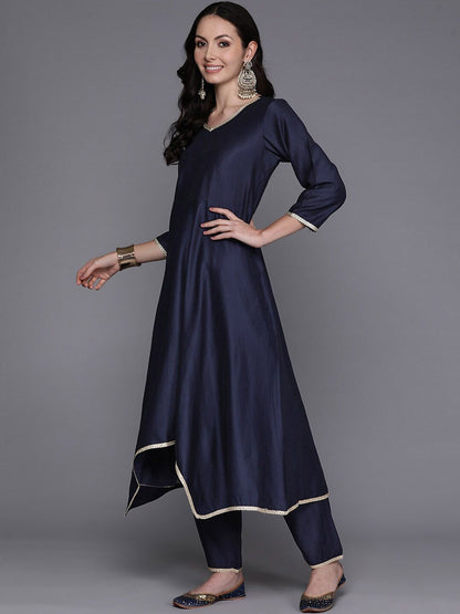Dhiyona IE Navy Blue Empire V-Neck Sequinned Kurta With Trousers & Dupatta