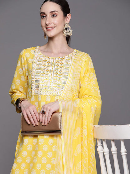 Floral Printed Three-Quarter Sleeves Sequinned Pure Cotton Straight Kurta Set