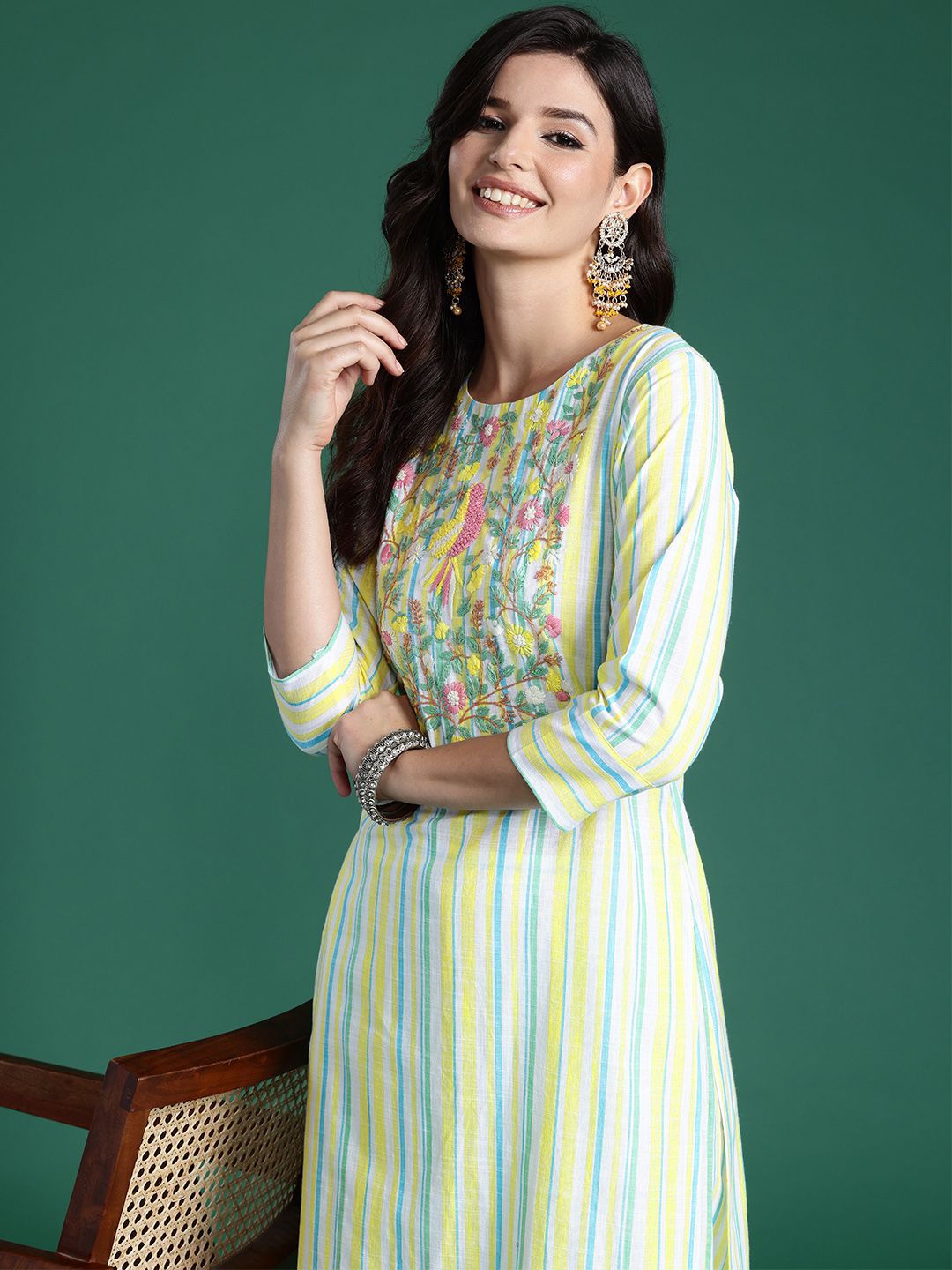 Dhiyona IE Women Striped Regular Thread Work Pure Cotton Kurta with Trousers